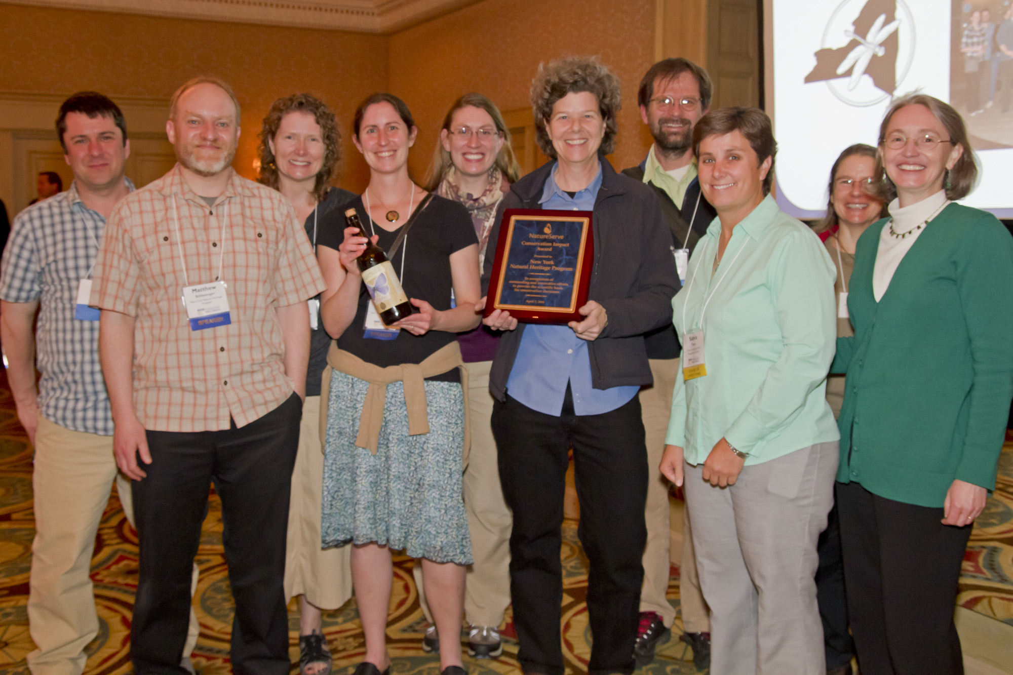 Scientists from the New York Natural Heritage Program receive NatureServe's 2014 Conservation Impact Award at a reception during the Biodiversity Without Boundaries annual conference, on April 7 in New Orleans.