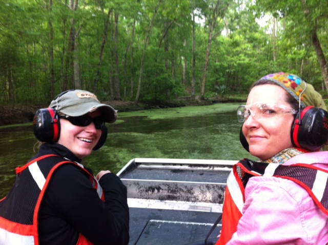 Erin Hoy and Stephanie Sattler of USGS Upper Midwest Environmental Sciences Center working from airboat | Photo by Rickie White