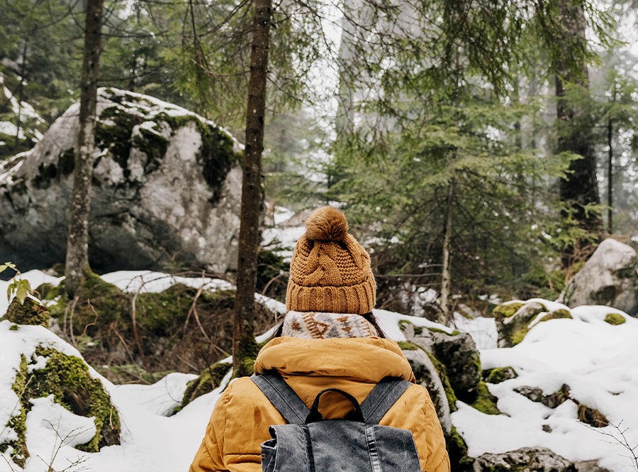 A hiker overlooks a snow-covered canyon
