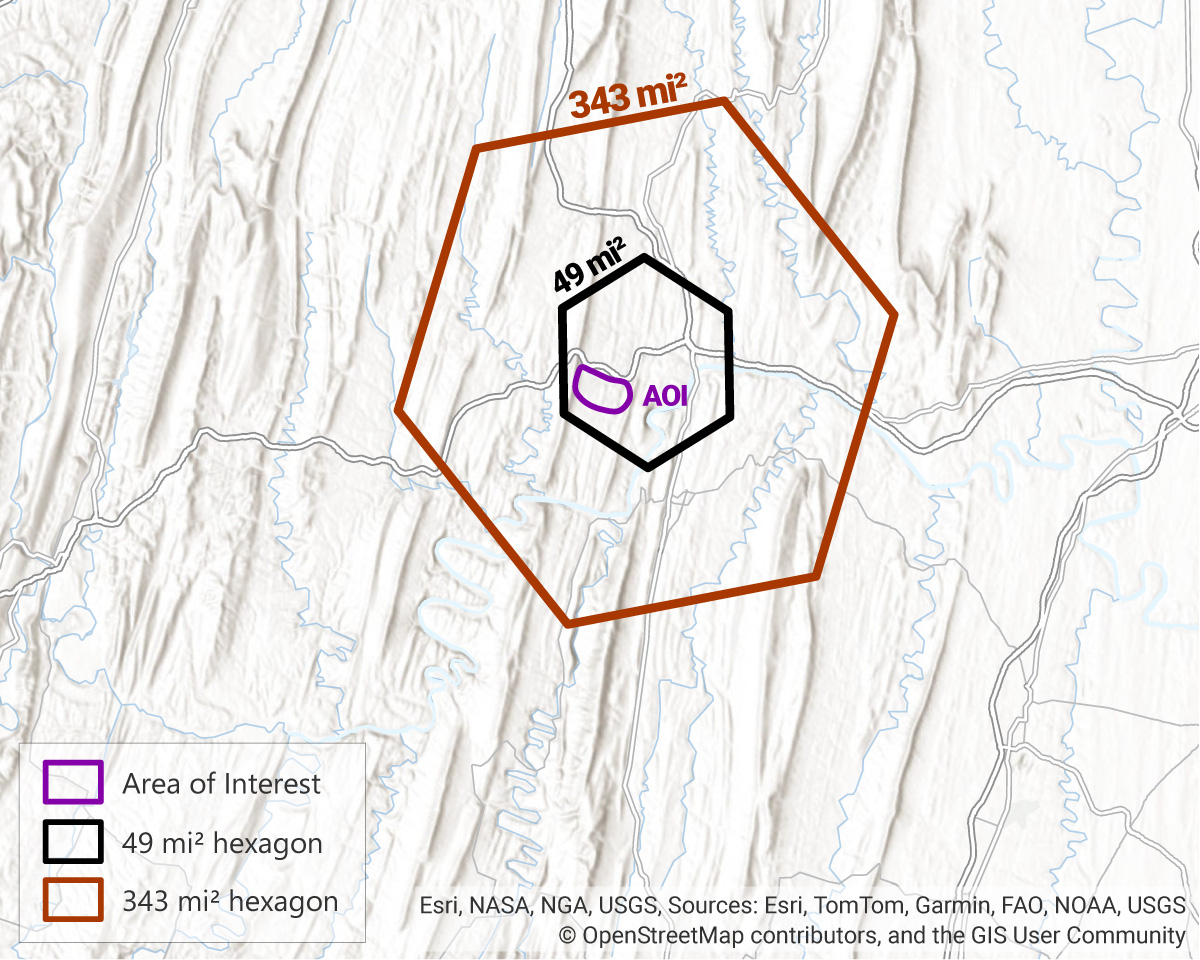 The Area of Interest is shown on a map surrounded by a small black hexagon labeled 49 sq mi and a larger red hexagon labeled 343 sq mi.