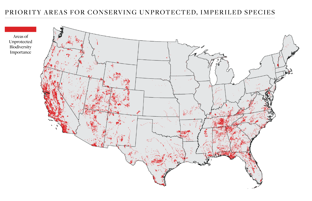 A map of the United States highlights areas where imperiled species are underprotected