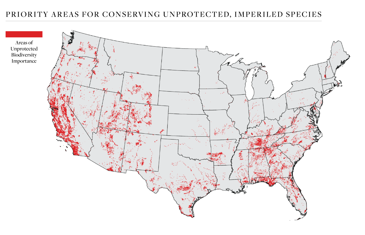 Une carte des États-Unis met en évidence les zones où les espèces en péril sont sous-protégées