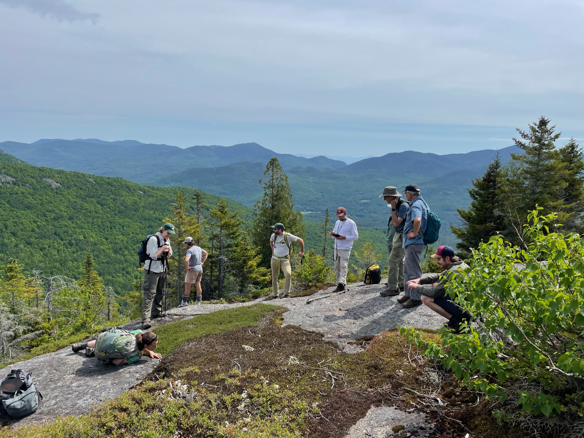 A group of scientists stand on a rocky outcropping nestled in the mountains.