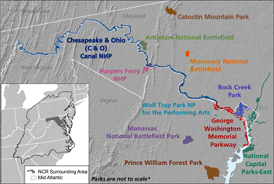 A map of park units in the National Capital Region (NCR). Inset: The NCR (dark gray) within the larger mid-Atlantic region (black outline).