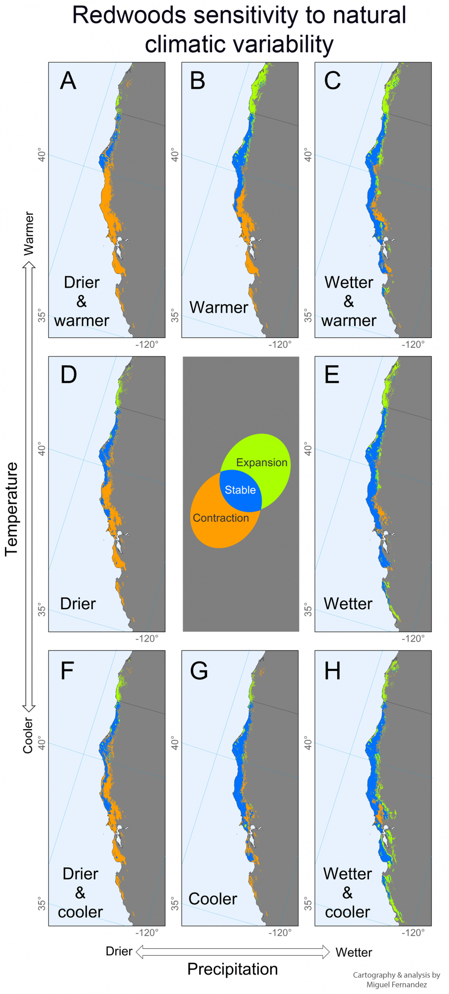 2nd Place: Redwoods sensitivity to natural climatic variability from UC Berkeley. Our chief scientist Healy Hamilton contributed to this map, which shows the expected response of coastal redwoods in California to different precipitation and temperature scenarios.  