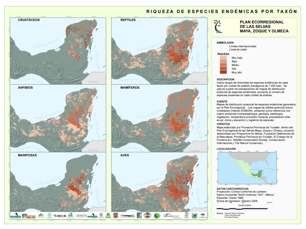 1st Place: Pronatura Yucatán's Mapa de riqueza de especies endémicas de las selvas Maya Zoque y Olmeca. Clear symbology and obvious conservation implications took the win for this map of endemic species richness in the Yucatán peninsula. ¡Felicitaciones, Pronatura Yucatán!